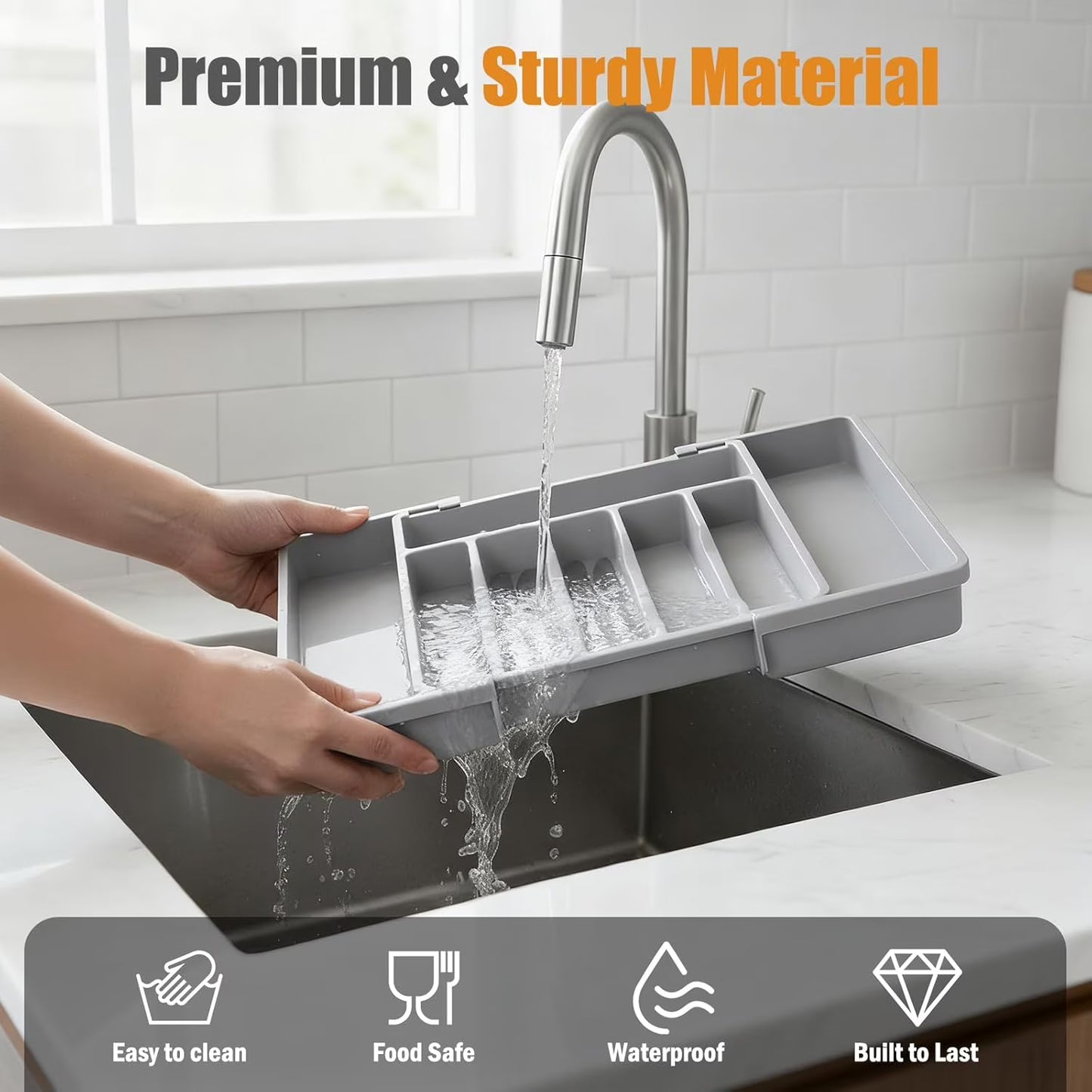 Expandable Silverware Organizer for Drawer, Adjustable Utensil Tray with 2 Removable Blocks, 6-8 Slot Cutlery Organizer for Spoons, Forks & Knives, Large Capacity, Gray
