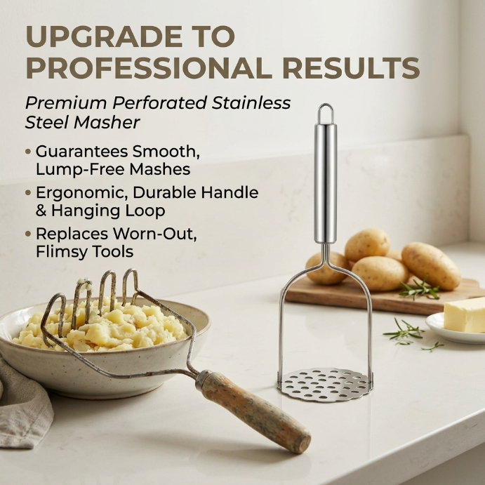 Potato Masher Stainless Steel, Mashed Potato Masher for Kitchen Use, Food Masher and Ricer for Potatoes Vegetables, Heavy Duty Potato Ricer Tool, 2 Pack