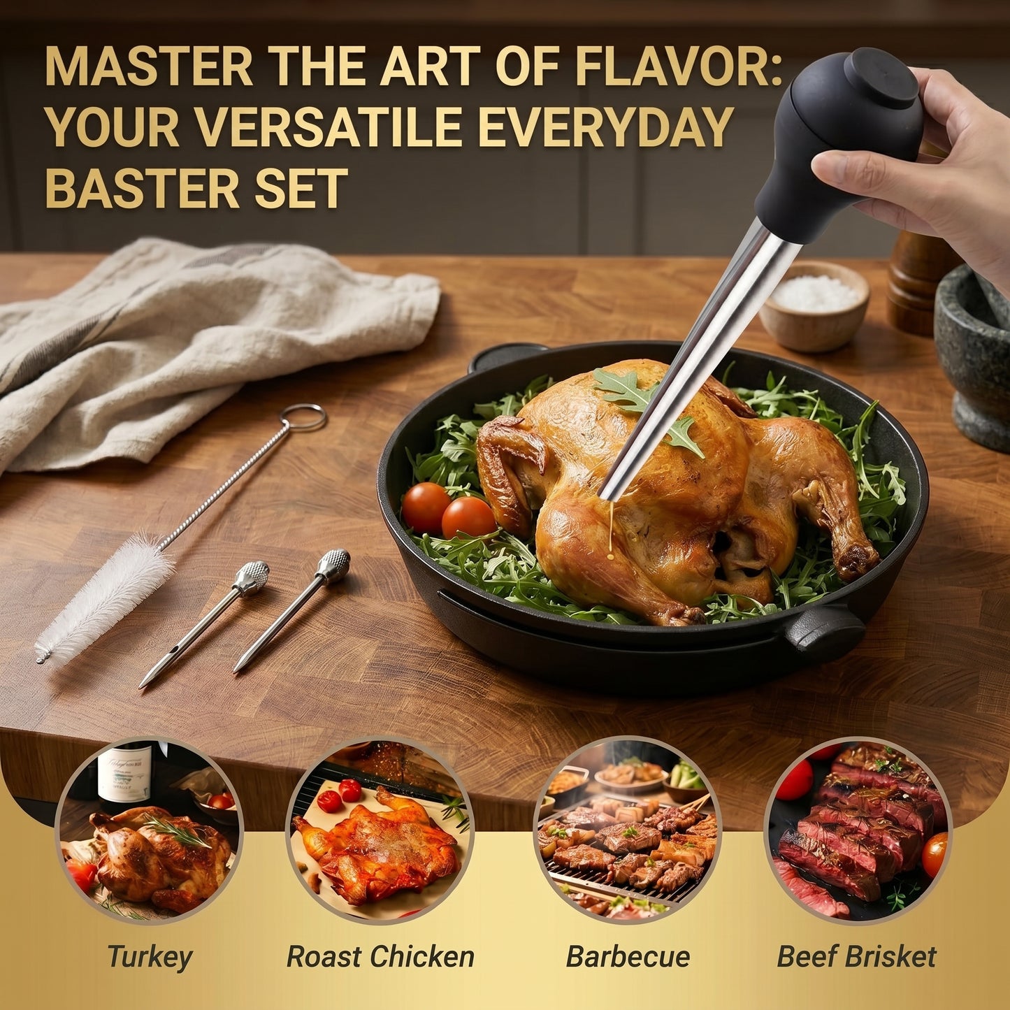 Stainless Steel Turkey Baster, Baster Syringe with Injector Bulb and Brush for Roasting Turkey and Chicken, Meat Injector Tool for Cooking, 1 Set