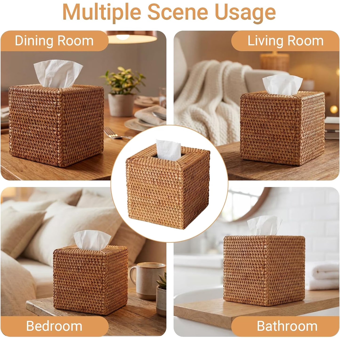 Rattan Tissue Box Cover, Natural Woven Wicker Tissue Box Holder, Square Boho Decorative Facial Tissue Holder for Bathroom, Living Room, Kitchen or Desk, 5.5 x 5.5 x 5.9 Inch