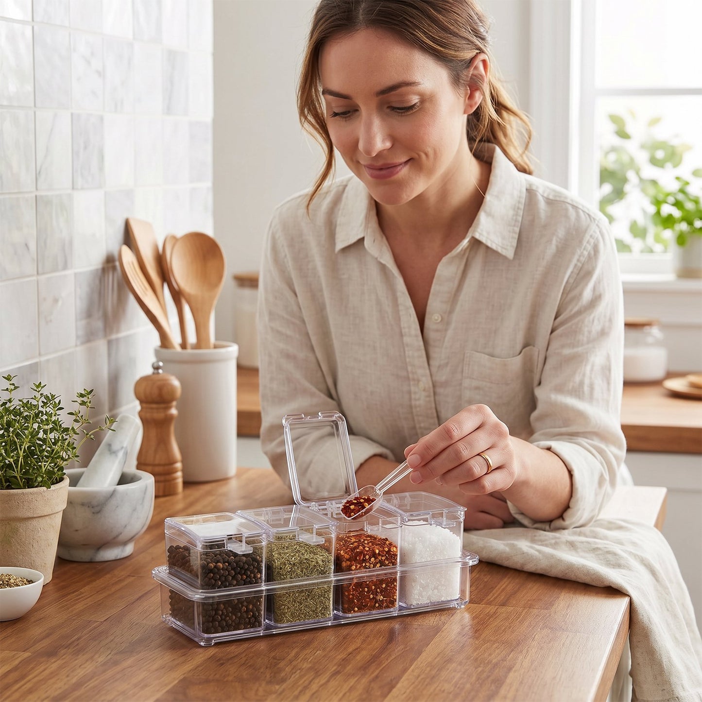 4PCS Clear Condiment Containers with Lids, Condiment Caddy with Spoon & Cover, Acrylic Seasoning Box Set, Ideal Seasoning Organizer for Toppings, Salt, Sugar