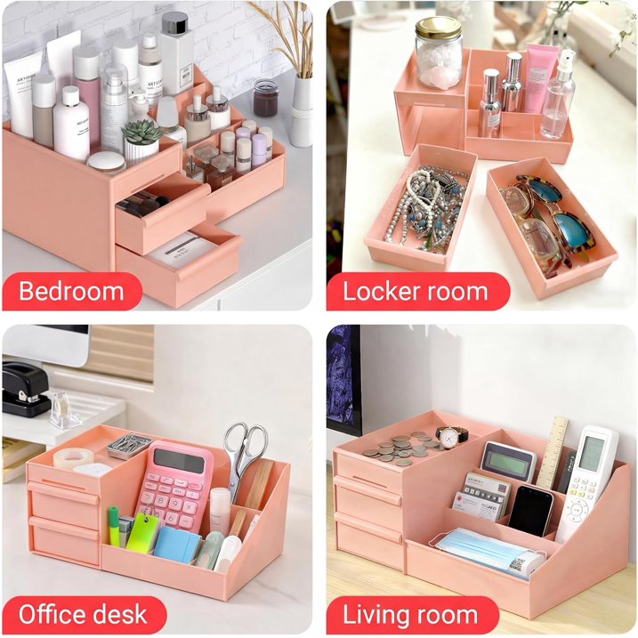 Pink Makeup Organizer with Drawers, Large Capacity Cosmetic Storage for Vanity or Bathroom Countertop, Multi-Compartment Organizer for Skincare, Lipstick & Palettes, 1 Pack