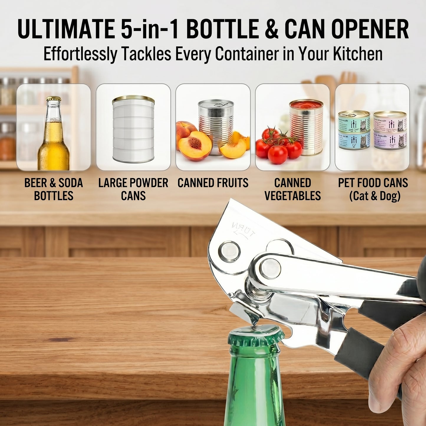 Manual Can Opener Stainless Steel, Hand Held Can Opener Smooth Edge for Kitchen Use, Heavy Duty Swing Away Can Opener with Bottle Opener, 1 Pack