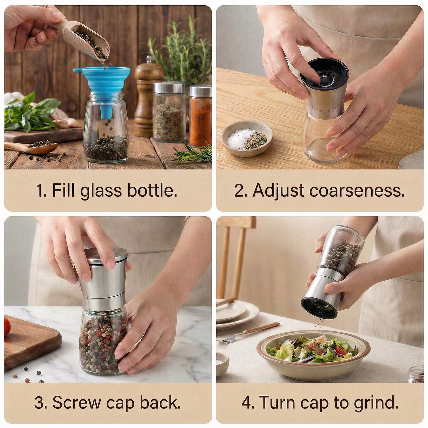 Salt and Pepper Mill Set 2PCS, Stainless Steel Top, Ceramic Grinder, Clear Glass, Easy Refill with Funnel