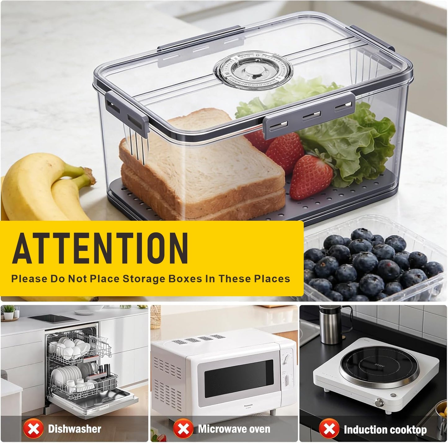 Airtight Bread Box, Large Capacity Bread Storage Container with Date Tracking Lid, Ideal for Storing Homemade Bread, Pastries, Snacks and Fruits on Kitchen Countertop (Grey)