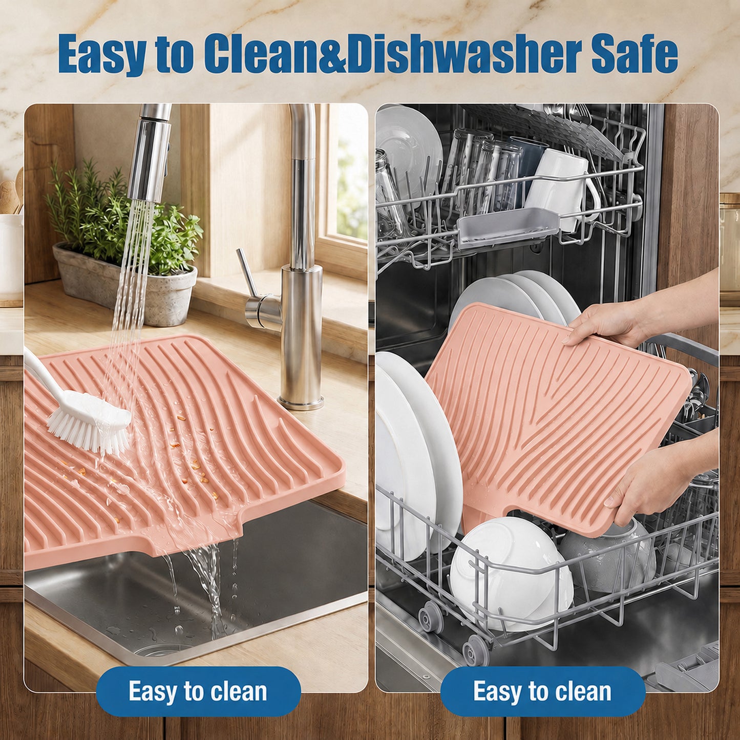 Silicone Dish Drying Mat for Kitchen Counter or Sink, Non-Slip Dish Drainer Mat with Built-in Drain, Heat Resistant Drying Pad, Pink