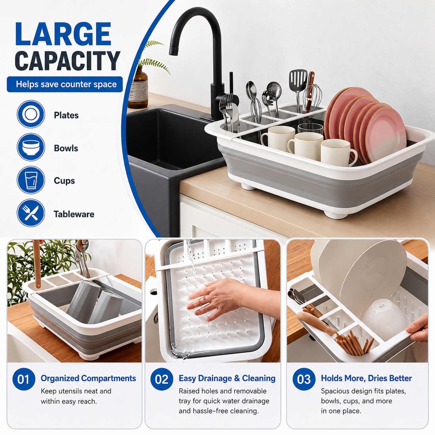 Collapsible Dish Drying Rack, Multifunctional Dish Rack with Removable Compartments, Foldable Small Dish Drainer for Kitchen Counter, RV & Camping Accessories, Escurridor de Platos para Fregadero