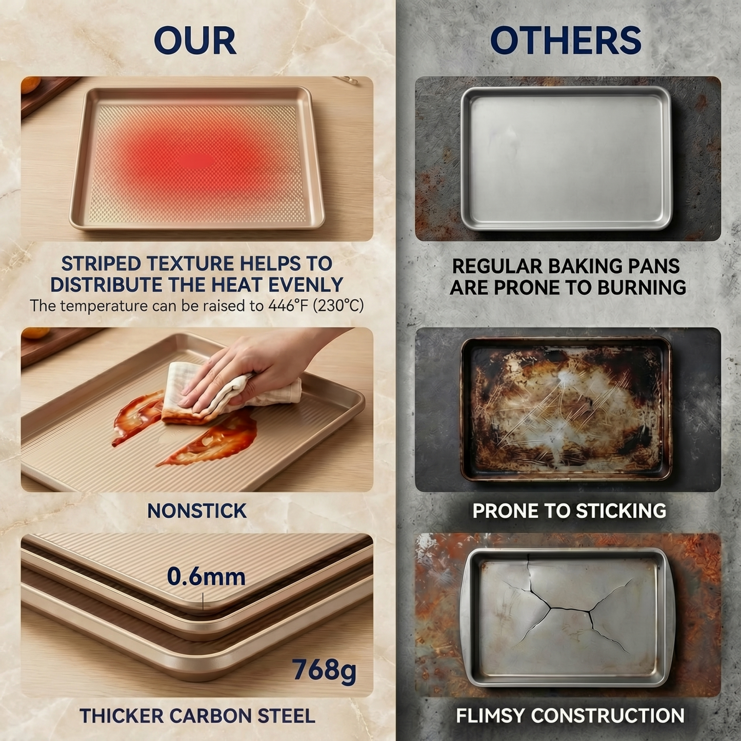 3-Piece Gold Baking Sheet Set – Nonstick Carbon Steel with Brush & Scraper, Half, Jelly Roll & Quarter Sizes