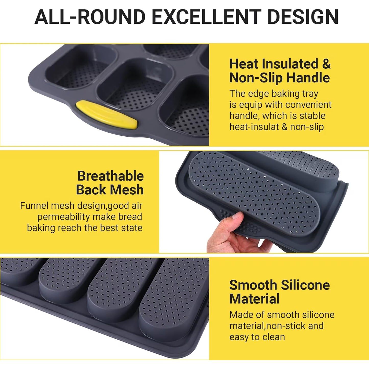 3 Pack Silicone Baguette Bread Pan, Nonstick French Bread & Hot Dog Bun Mold, Foldable Loaf Baking Pan for Hoagie Rolls, Easy Release, Dishwasher Safe, Gray