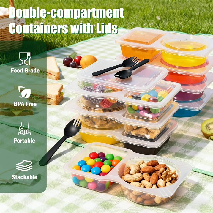 20 Pack Reusable Snack Containers with Lids, 2-Compartment Clear Portion Cups for Salad Dressing, Sauce & Snacks, Leakproof Plastic Food Containers for Meal Prep & On-the-Go