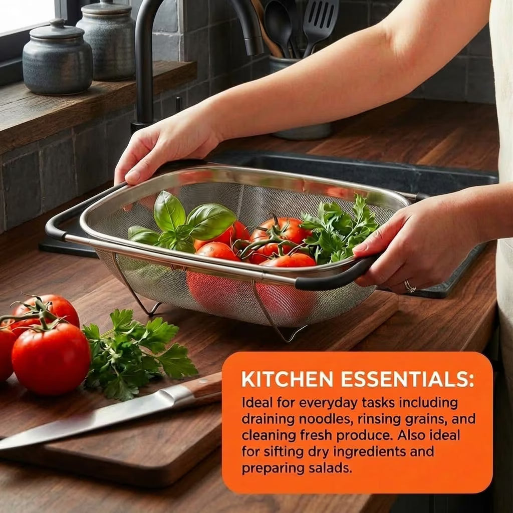 6 Quarts Fine Mesh Stainless Steel Colander, Over The Sink Colander, stainless steel colander strainer with Expandable Rubber Grip Handle, vegetable washing basket for Strain, Drain, Rinse