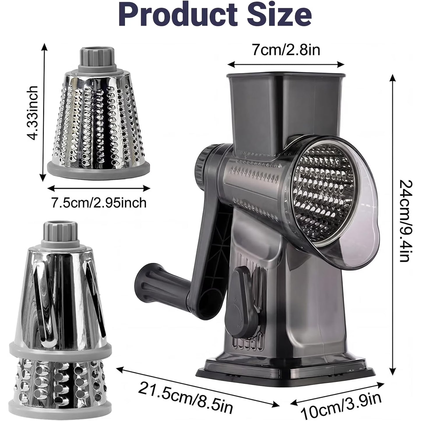 Rotary Cheese Grater with Hand Crank, Cheese Shredder with 3 Stainless Steel Blades for Cheese, Vegetables & Nuts, Non-Slip Suction Base, Easy & Effortless Grating