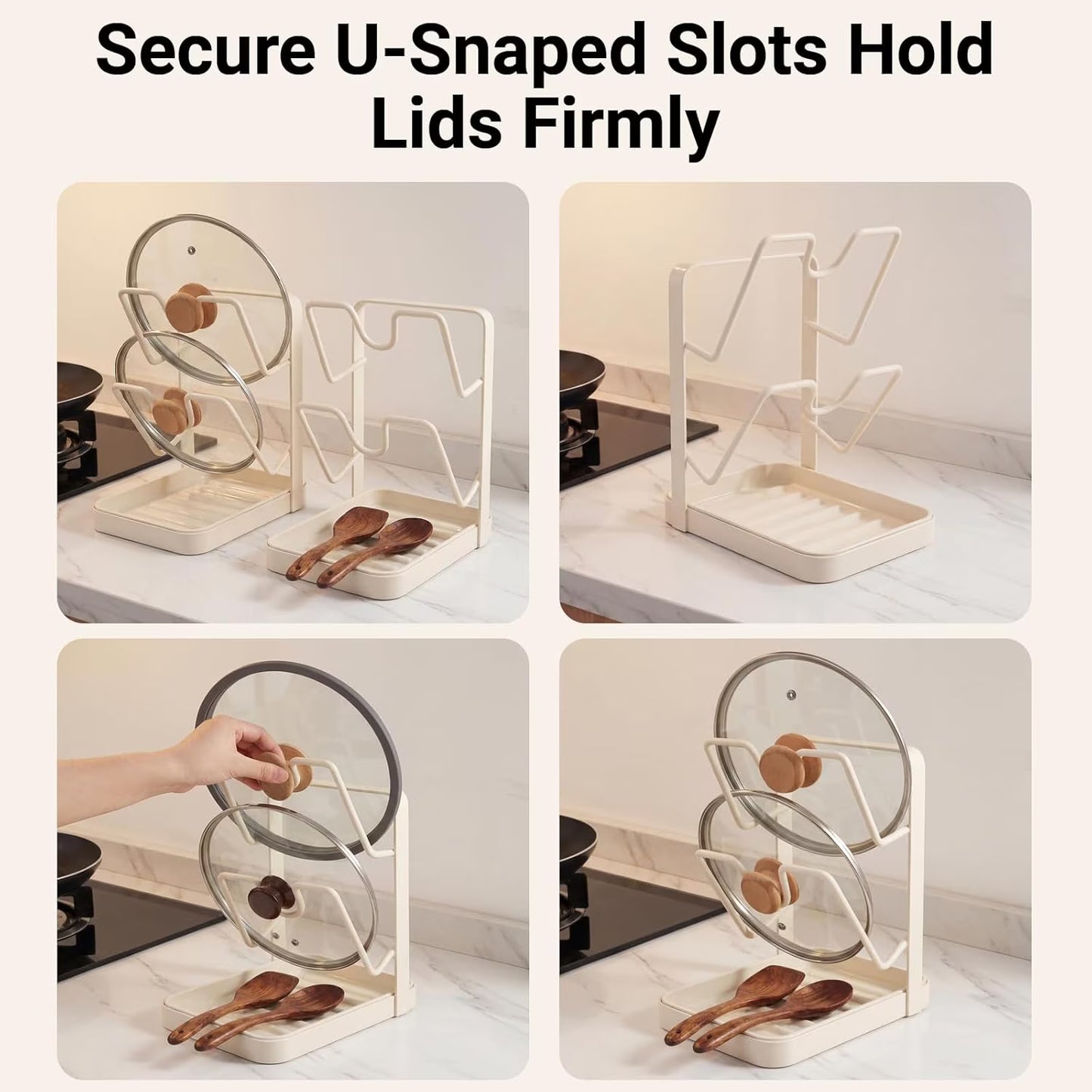 1 Pack Kitchen Pot Lid Holder Rack, Multifunctional Organizer with Removable Drip Tray, Holds Lids, Spoons & Utensils While Cooking, White