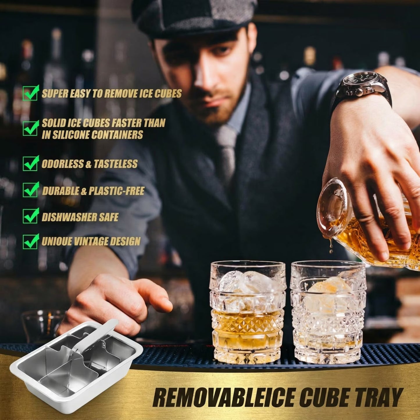 6-Slot Large Ice Cube Tray with Easy-Lift Handle - 18/8 Stainless Steel Giant Ice Mold for Whiskey & Craft Cocktails, 2.16" Slow-Melting