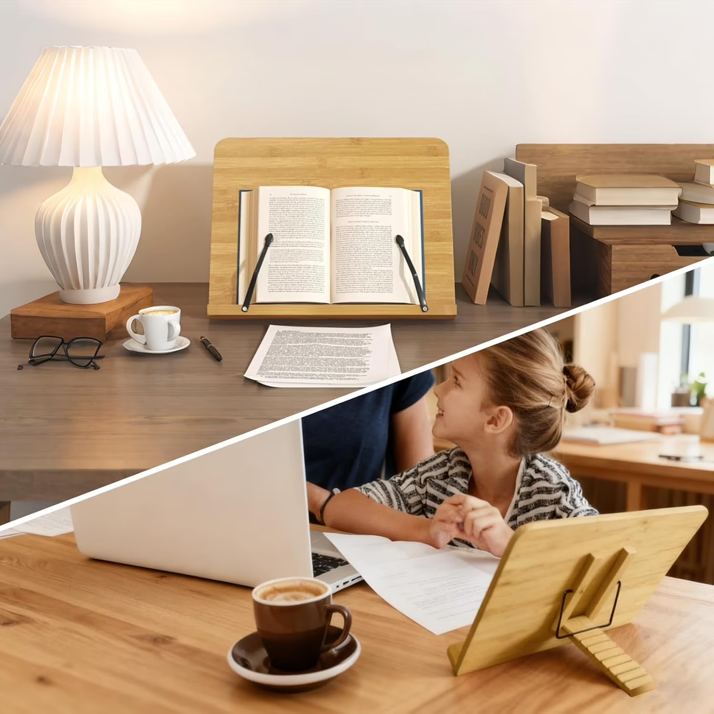 Large Bamboo Book Stand, 11'' x 15'' Portable Stable Adjustable Height Reading Book Holder for Cookbook, Sheet Music, Bible, Textbook and Tablet