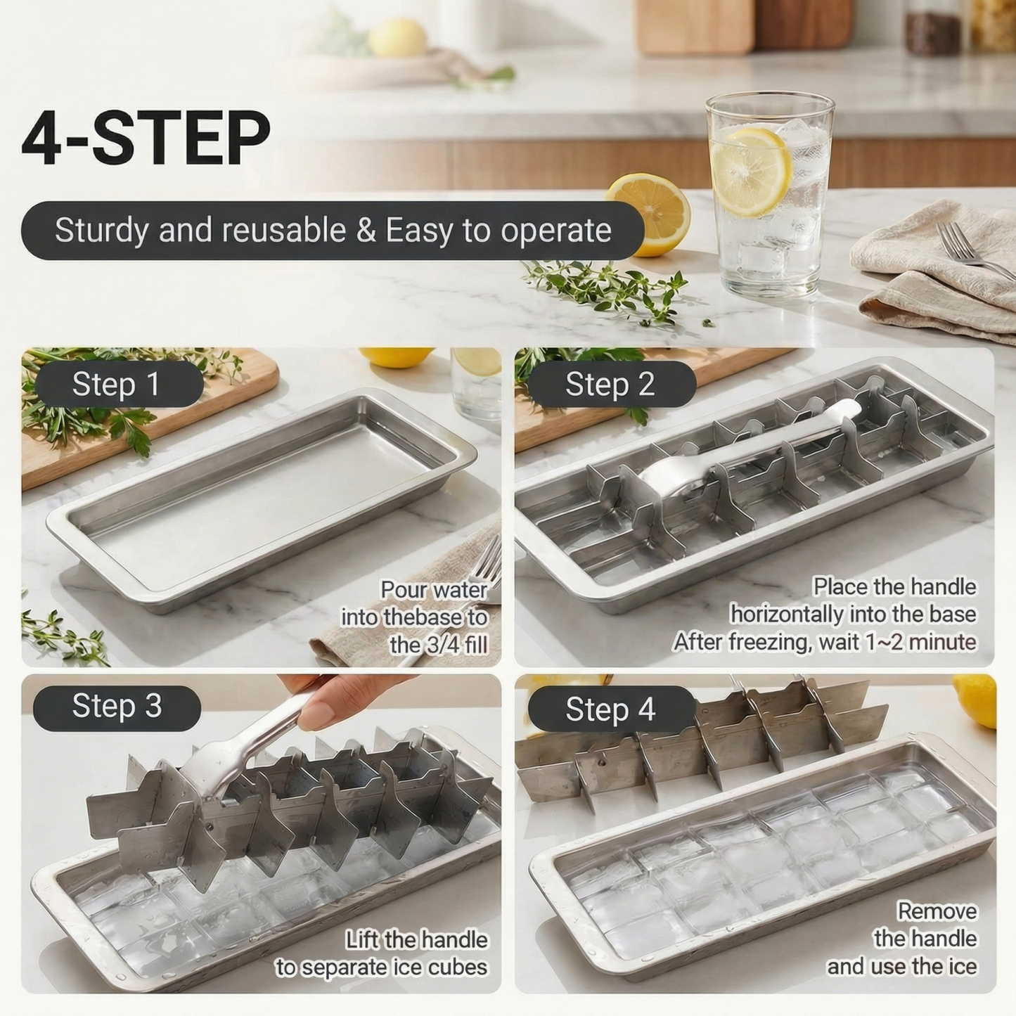 2 Pack 18-Cube Heavy-Duty Stainless Steel Ice Tray with Easy-Lift Handle - 304 Metal Freezer Mold for Cocktails, Kitchen Prep & Baby Food, Bar-Quality Ice at Home