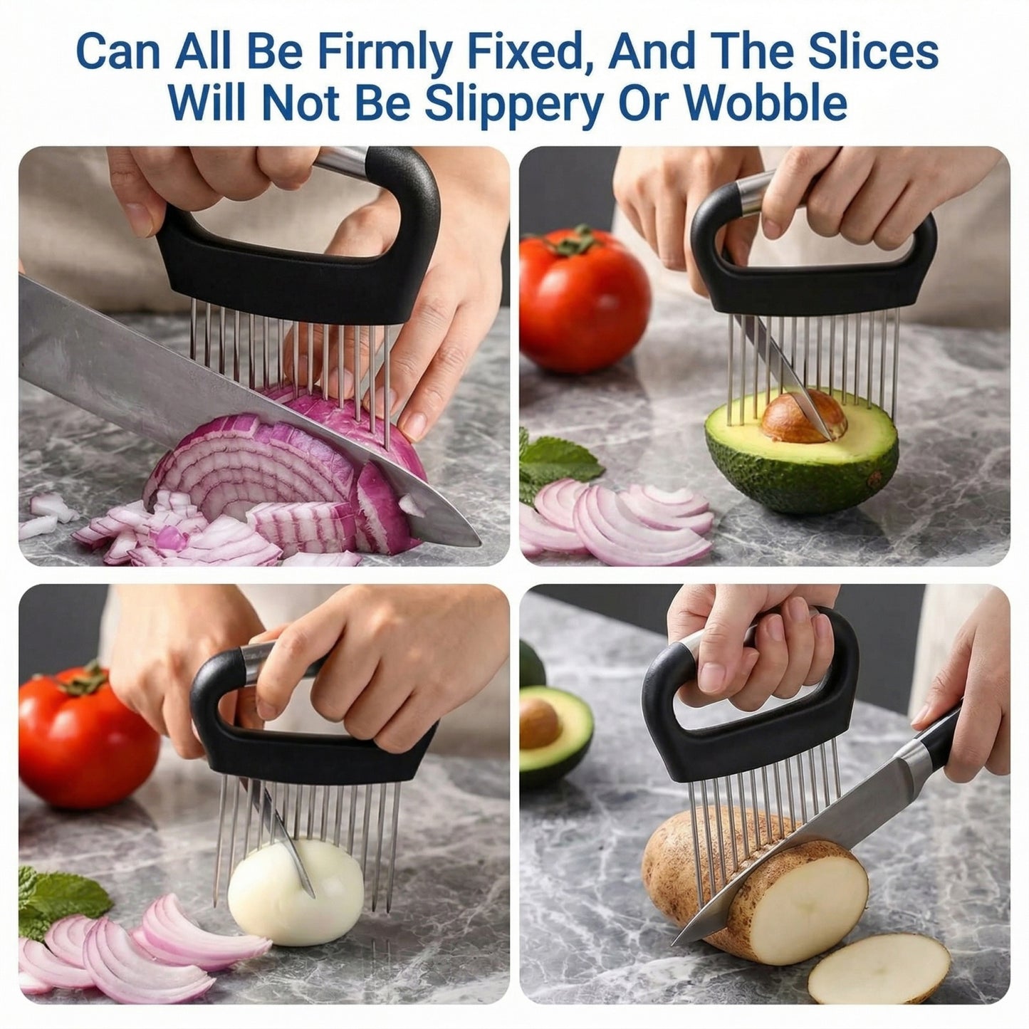 Stainless Steel Onion Slicing Holder - Kitchen Tool for Even Cuts on Potatoes, Tomatoes, Lemons & Round Vegetables, Secure-Grip Design