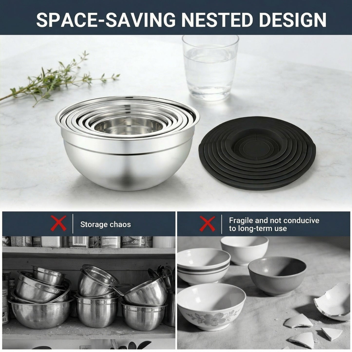 21-Piece Stainless Steel Mixing Bowl Set with Lids — 7 Nesting Sizes (0.7/1/1.5/2/2.5/3.5/4.2 QT ), Kitchen Gadgets Included, Secure-Fit Covers