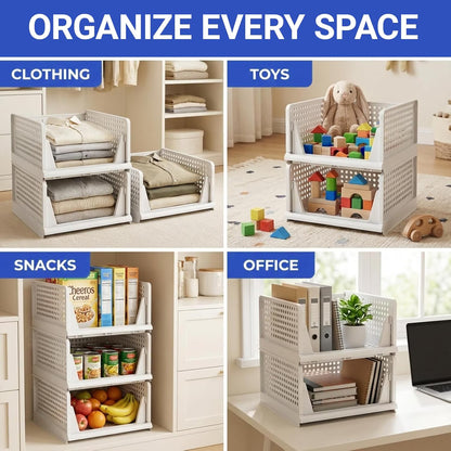 5 Packs Stackable Closet Organizer Bins, Foldable Plastic Storage Baskets, Waterproof Storage Containers for Drawer, Wardrobe, Bathroom, Living Room & Office, Space Saving Design
