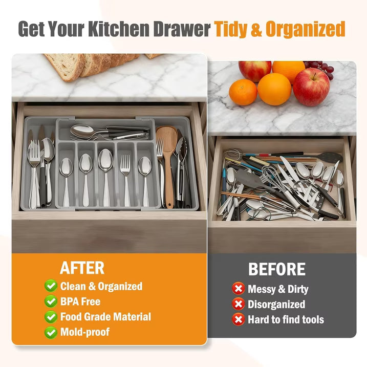 Expandable Silverware Organizer for Drawer, Adjustable Utensil Tray with 2 Removable Blocks, 6-8 Slot Cutlery Organizer for Spoons, Forks & Knives, Large Capacity, Gray