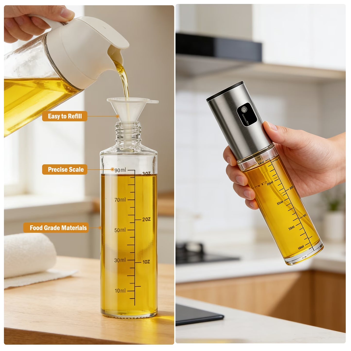 2 Pack Oil Sprayer for Cooking, Upgraded Refillable Olive Oil Spray Bottle Mister with Brush for Air Fryer Oil Vinegar Portable Glass Kitchen Gadget for BBQ, Salad, Roasting