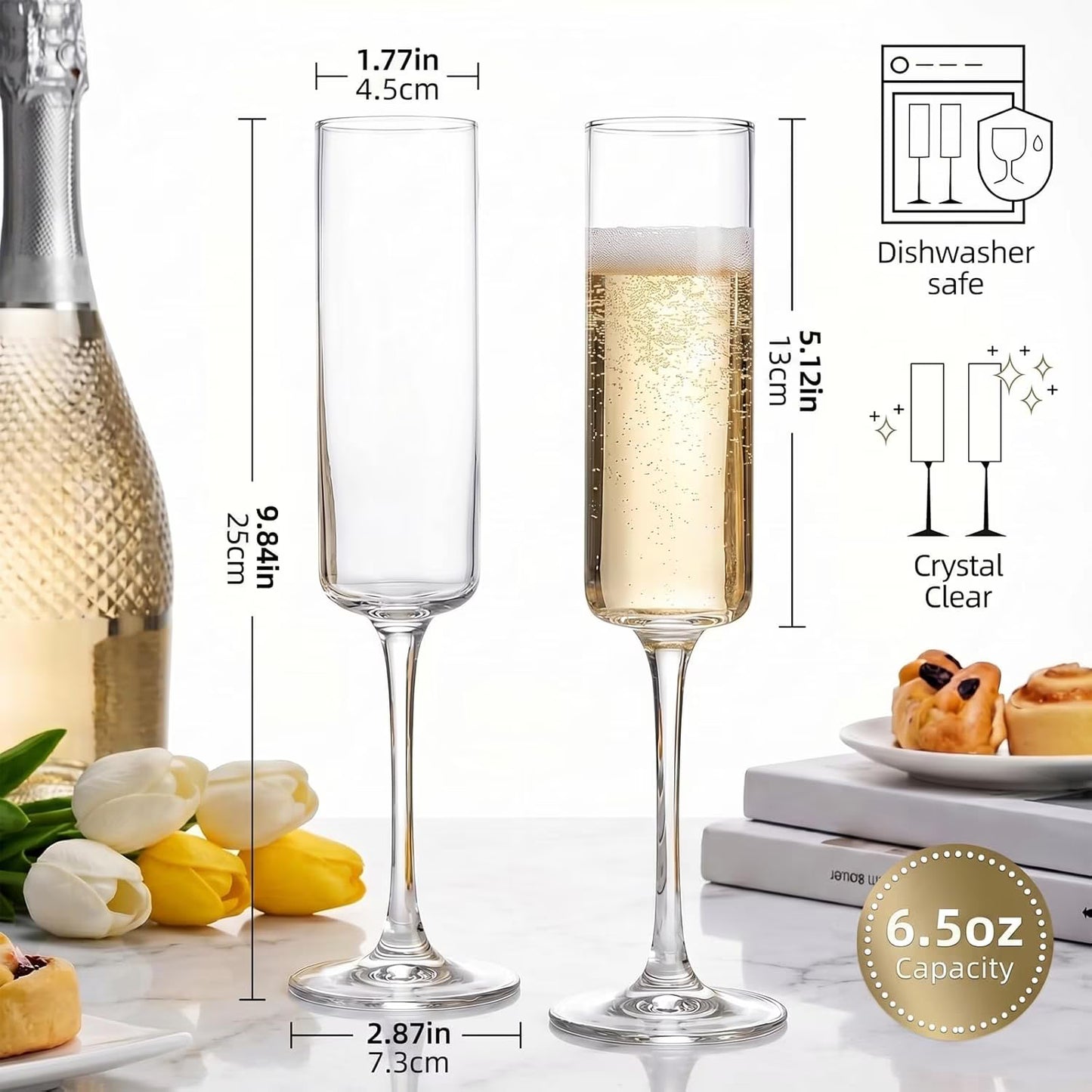 Set of 6 Crystal Champagne Flutes,Hand Blown Crystal Champagne Flutes with Long Stem,6.5 oz Elegant Champagne Flutes Wine Glass Stemware, Gift for Mother's Day,Wedding & Party