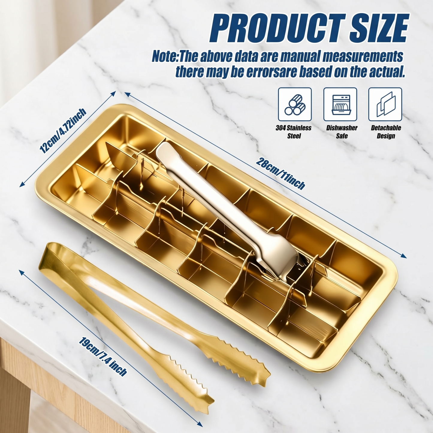 18-Slot Stainless Steel Ice Tray in Gold Finish — Metal Freezer Mold with Lever Handle for Whiskey & Cocktails