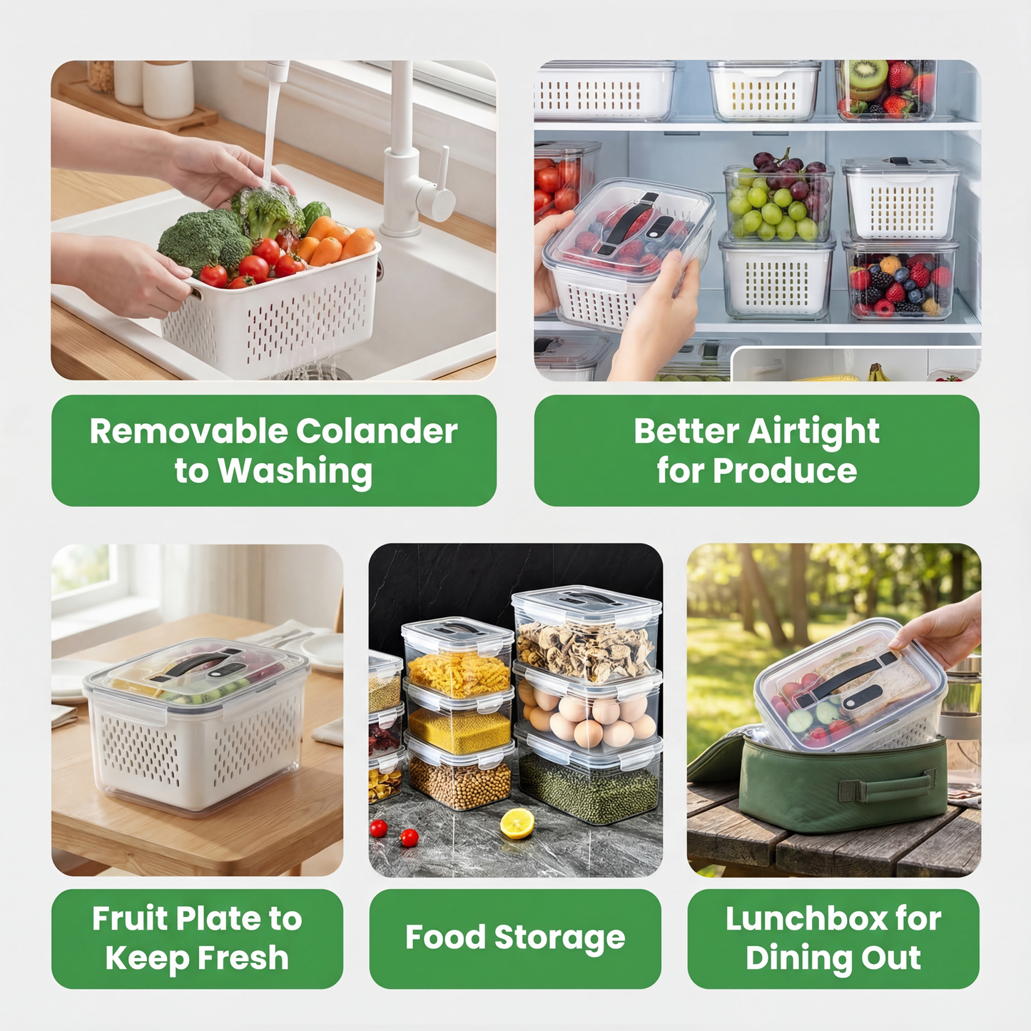 5 PCS Fruit Storage Containers for Fridge with Handle, Leakproof Produce Containers for Fridge with Removable Colander, All-In-One Fruit Containers Stainers Berry, Fruits, Vegetables, Salad, Lettuce Keeper