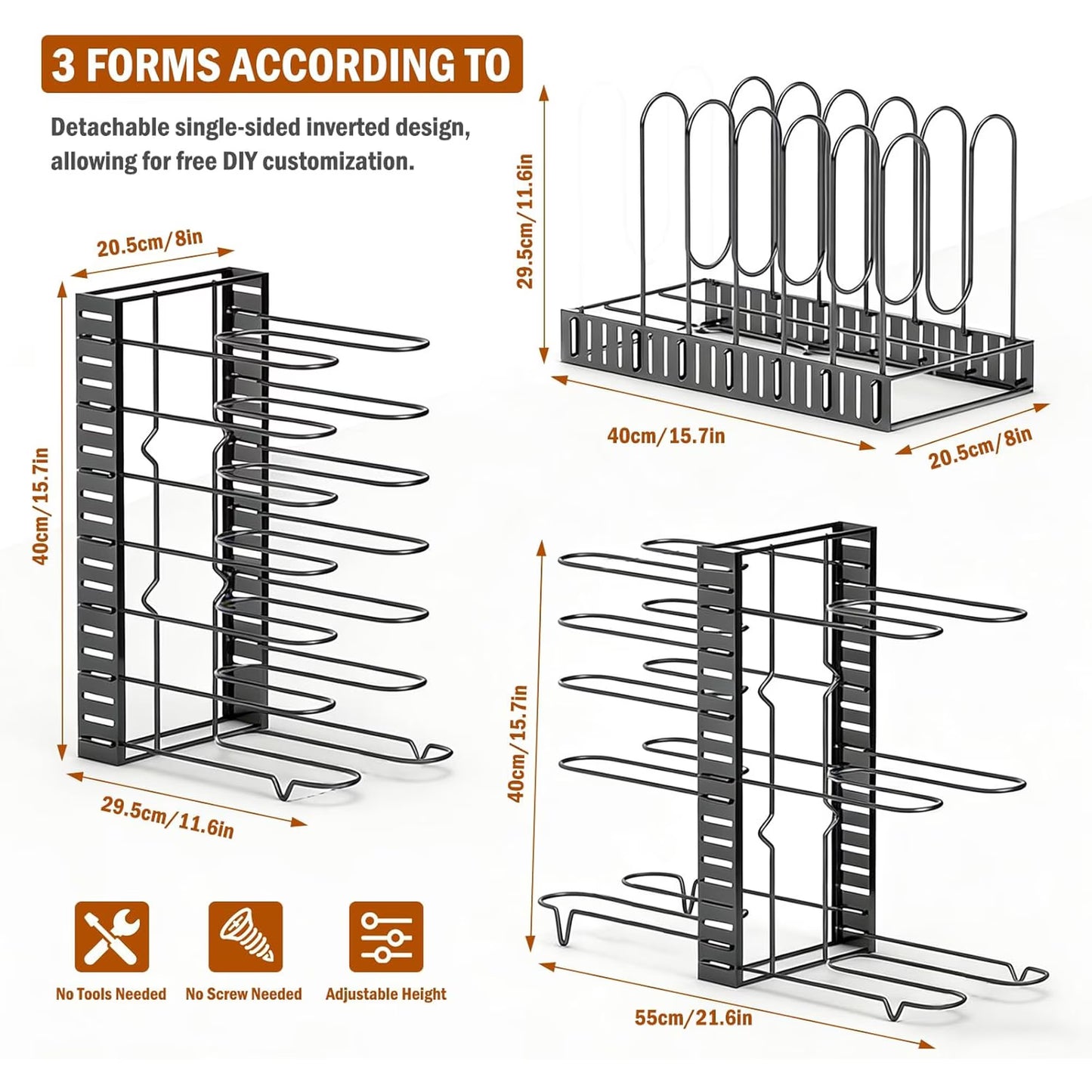 16" Heavy-Duty 8-Tier Adjustable Pots & Pans Organizer Rack, Cabinet & Pantry Storage with 3 DIY Setup Options, Under Cabinet Organizer for Large Cookware