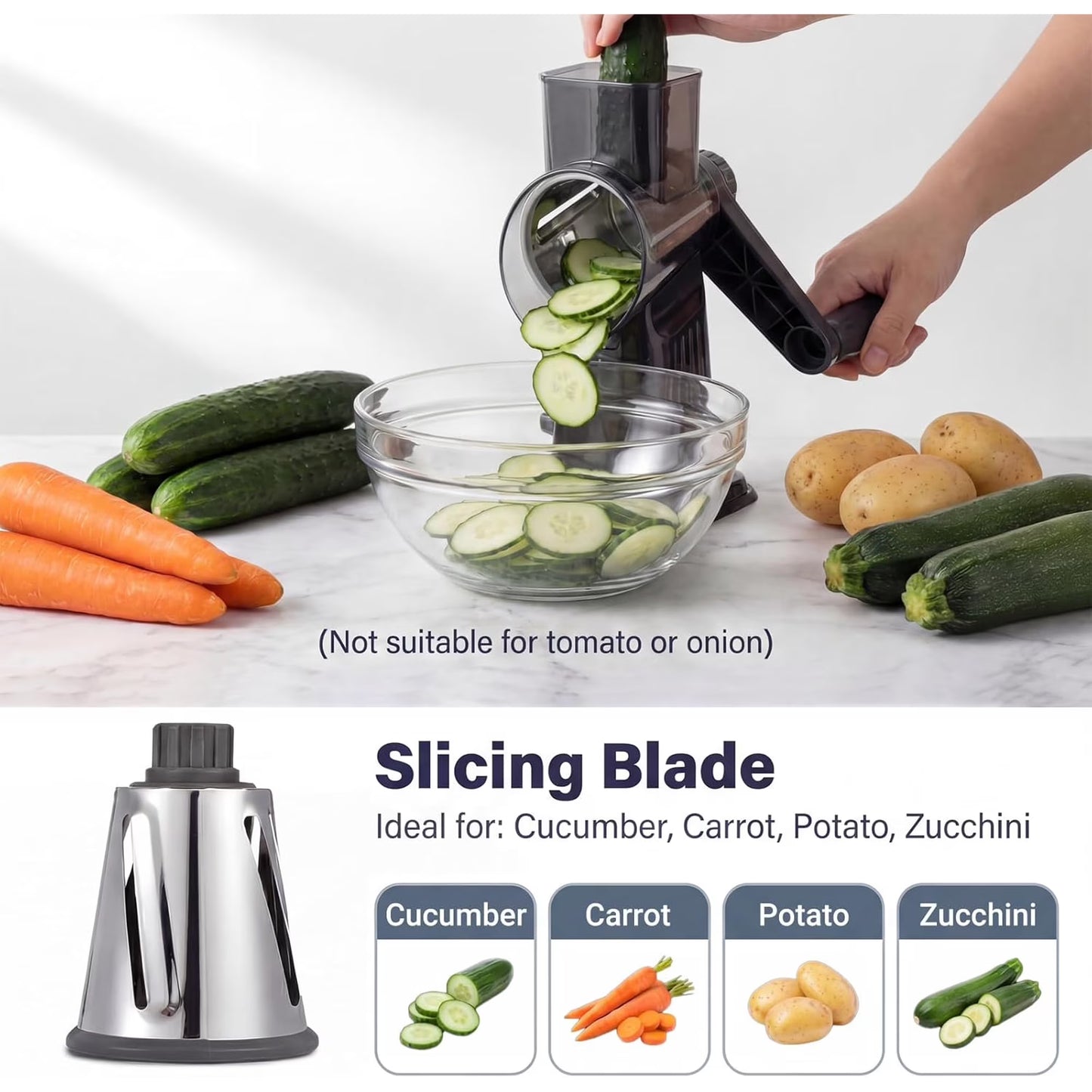 Rotary Cheese Grater with Hand Crank, Cheese Shredder with 3 Stainless Steel Blades for Cheese, Vegetables & Nuts, Non-Slip Suction Base, Easy & Effortless Grating