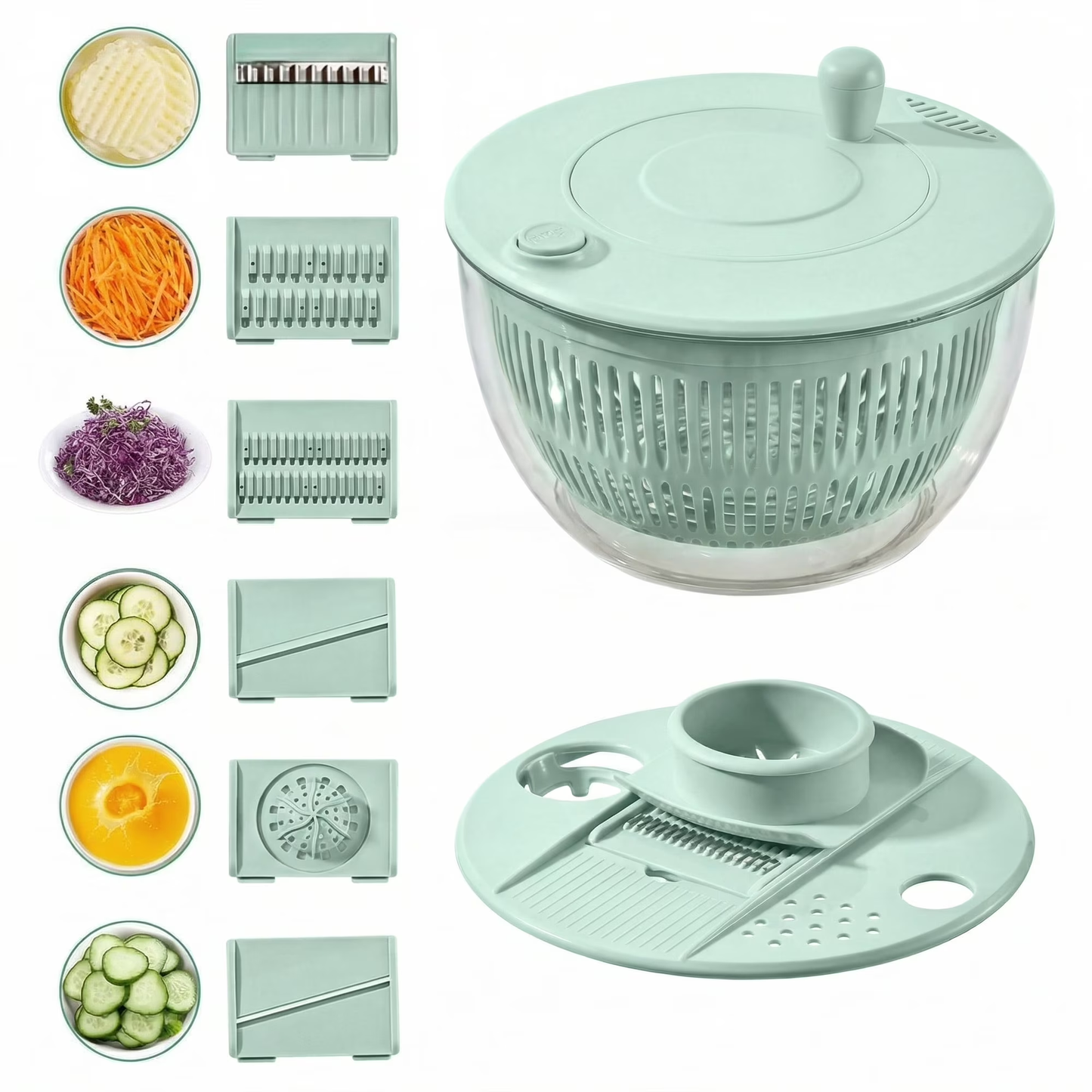 Large Salad Spinner and Slicer, 5.3 Qt 3-in-1 Vegetable Fruit Wash Bowl, Lettuce Washer with 5-Blade Slicer & Egg Yolk Strainer for Fast Salad Prep (Green)