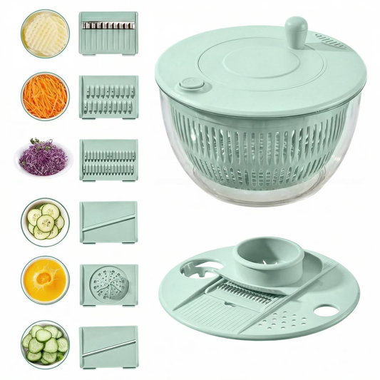 Large Salad Spinner and Slicer, 5.3 Qt 3-in-1 Vegetable Fruit Wash Bowl, Lettuce Washer with 5-Blade Slicer & Egg Yolk Strainer for Fast Salad Prep (Green)