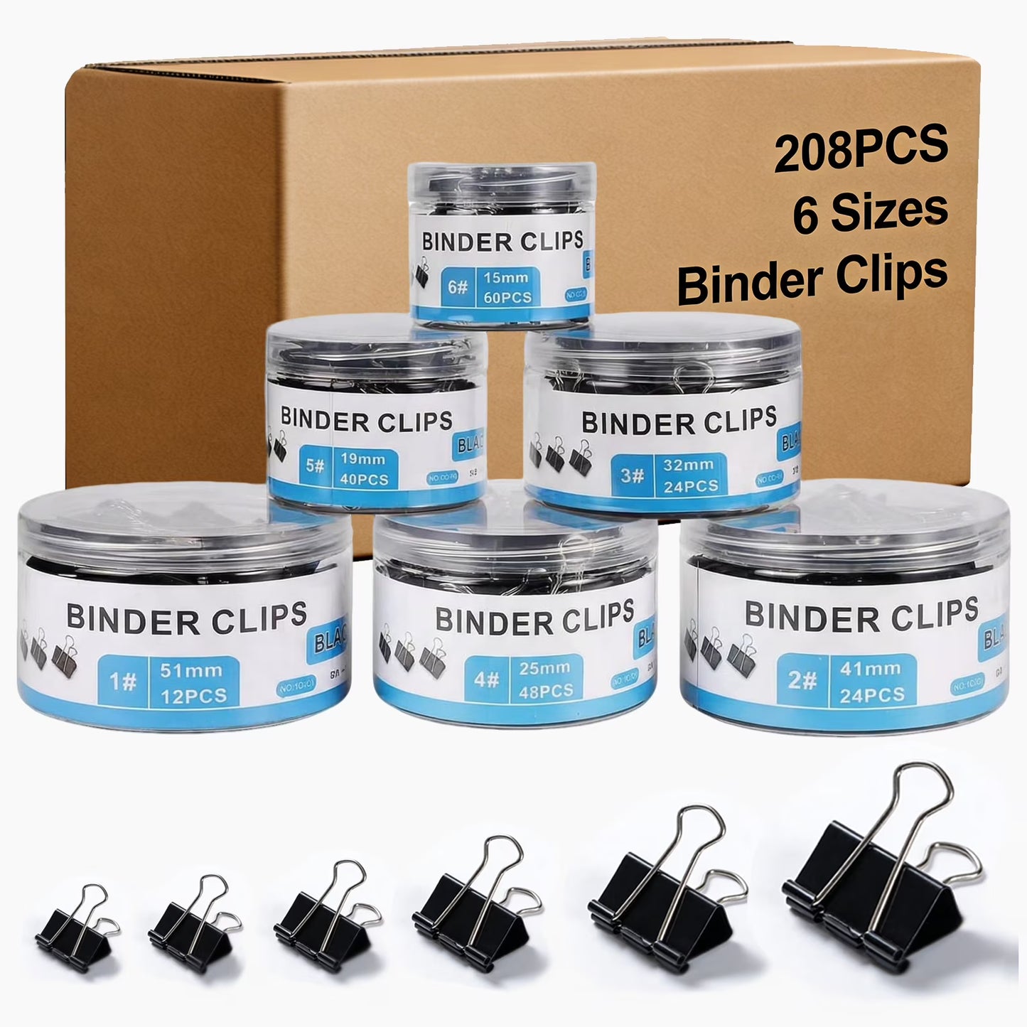 208-Pack Binder Clips, 6 Assorted Sizes Metal Paper Clips with Storage Boxes for Office &amp; Home Organization