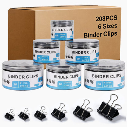 208-Pack Binder Clips, 6 Assorted Sizes Metal Paper Clips with Storage Boxes for Office &amp; Home Organization