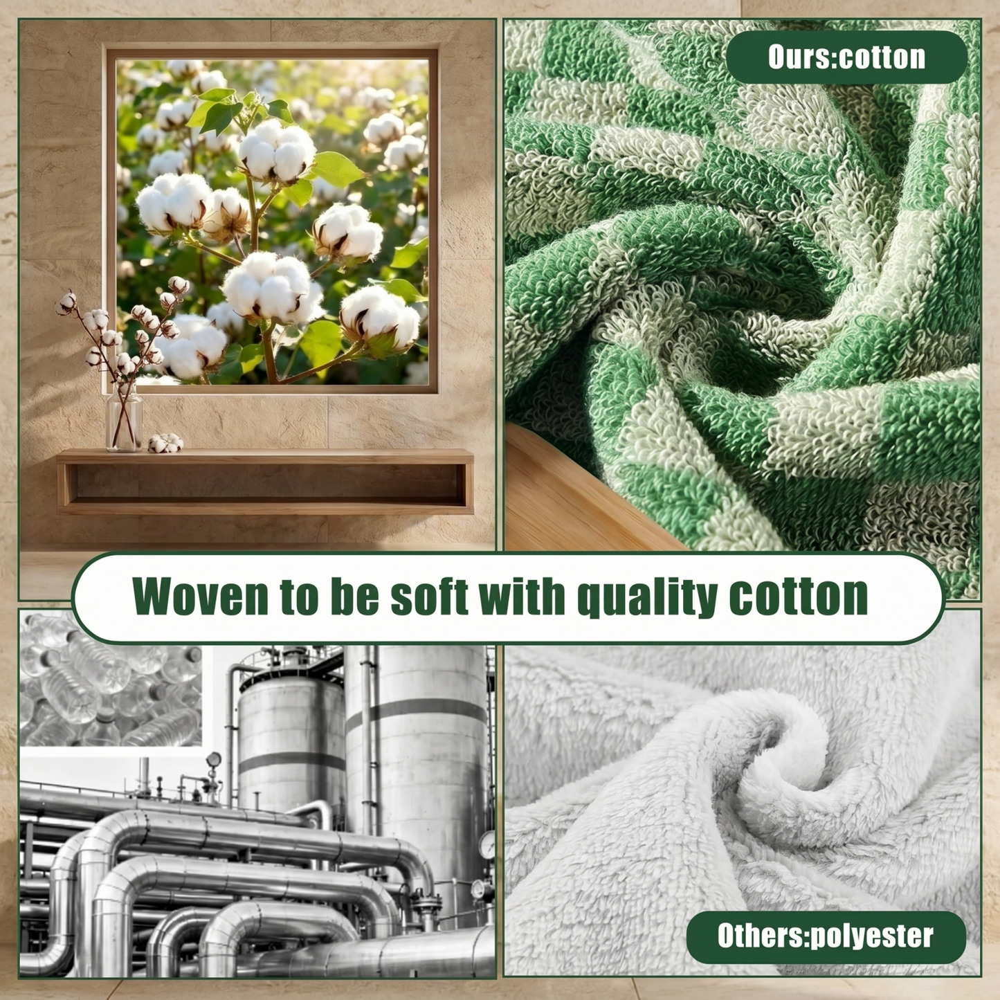 2-Pack Checkered Cotton Bath Towels in Green — 27.5×55 Inch Large Shower Towels for Bathroom & Beach, Quick-Drying Terry Weave