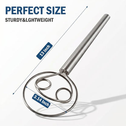 13-Inch Danish Dough Whisk – Stainless Steel Hook for Sourdough, Bread, Pizza, Pastry & Cake Batter
