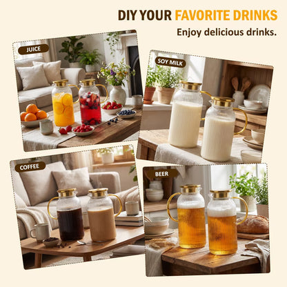2 Pack Glass Water Pitcher with Lid, 68 oz (2 Liter) Borosilicate Glass Pitcher with Spout, Large Glass Iced Tea Pitcher with Lid, Beverage Carafe for Water, Juice, Cold Brew