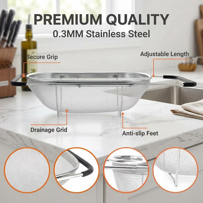6 Quarts Fine Mesh Stainless Steel Colander, Over The Sink Colander, stainless steel colander strainer with Expandable Rubber Grip Handle, vegetable washing basket for Strain, Drain, Rinse