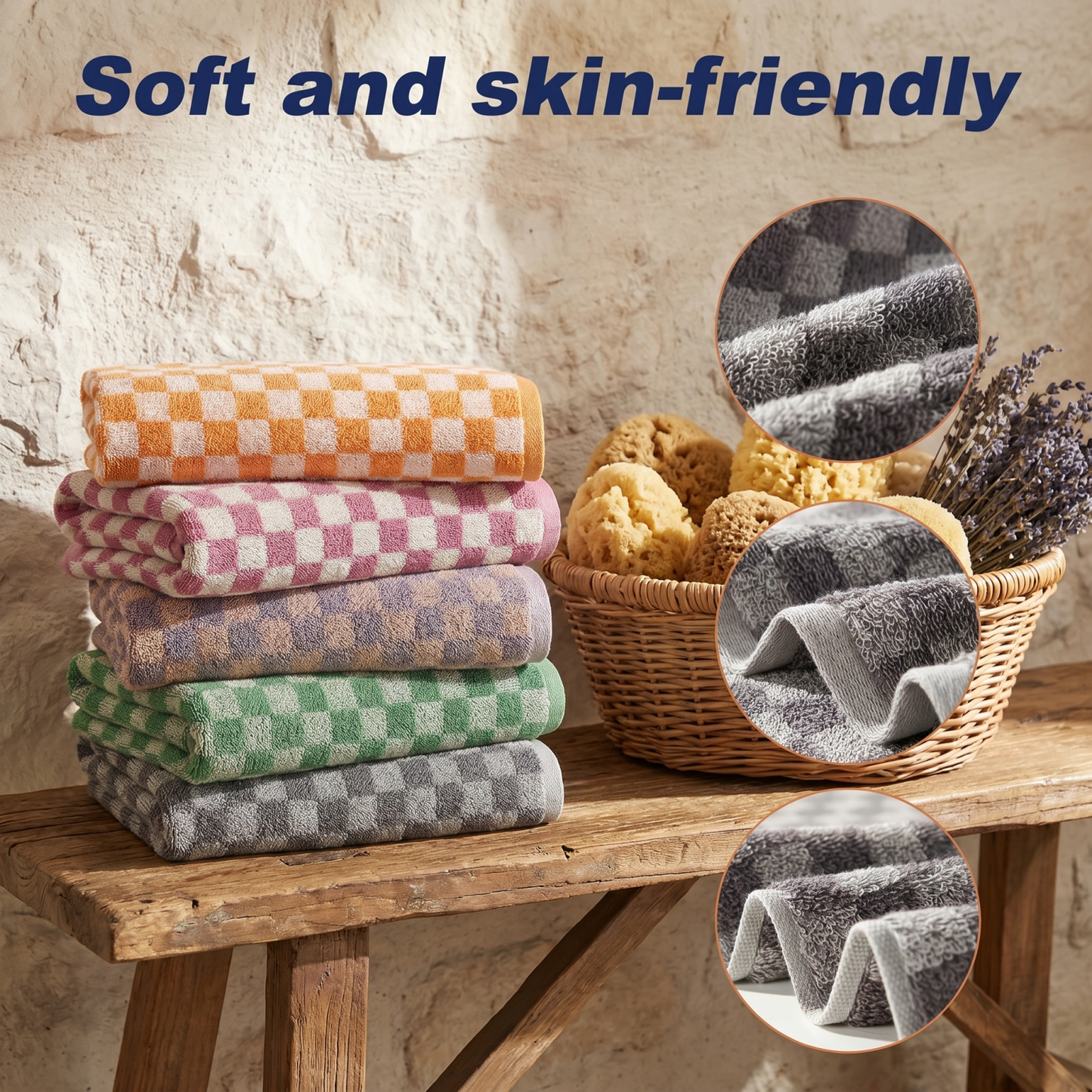 5-Pack Checkered Cotton Towels — 13×29 Inch Absorbent Towel Set for Bathroom, Kitchen & Gym, Multicolor
