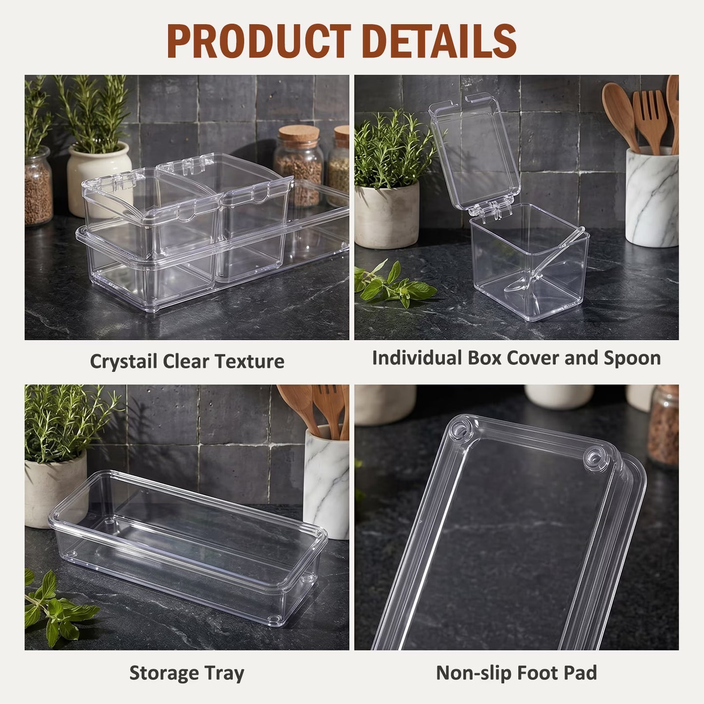4PCS Clear Condiment Containers with Lids, Condiment Caddy with Spoon & Cover, Acrylic Seasoning Box Set, Ideal Seasoning Organizer for Toppings, Salt, Sugar