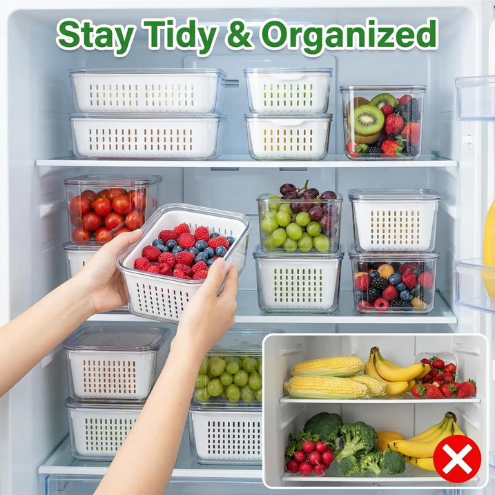 5 Pack Fruit Storage Containers for Fridge with Removable Colander, Leakproof Produce Keeper for Berries, Vegetables & Salad, All-in-One Wash & Store Food Containers, BPA Free