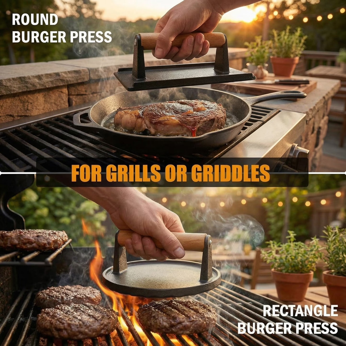 Cast Iron Smash Bacon Press Meat Steak with Wood Handle, Heavy Duty Round & Rectangular, Grill Press for Sandwich, Paninis, Burger Press, Send Goods from Local Warehouse