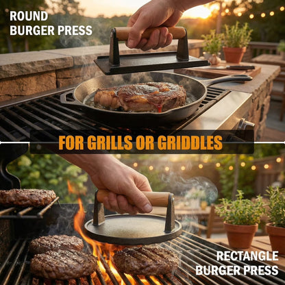 Cast Iron Smash Bacon Press Meat Steak with Wood Handle, Heavy Duty Round & Rectangular, Grill Press for Sandwich, Paninis, Burger Press, Send Goods from Local Warehouse