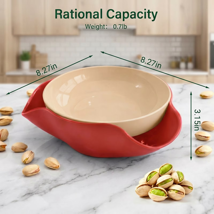 2-in-1 Nut Serving Bowl with Hidden Shell Catcher, 8.3" Pistachio Bowl Tray for Sunflower Seeds Edamame and Cherries, Built-in Waste Holder Design - Red