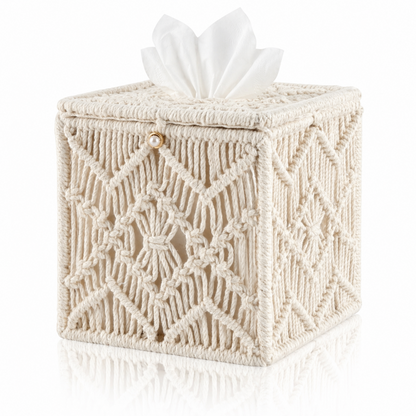 Tissue Box Cover, Square Tissue Box Holder, Bohemian Handmade Woven Boho Decor Tissue Organizer for Bathroom, Living Room, Kitchen (1-Pack)