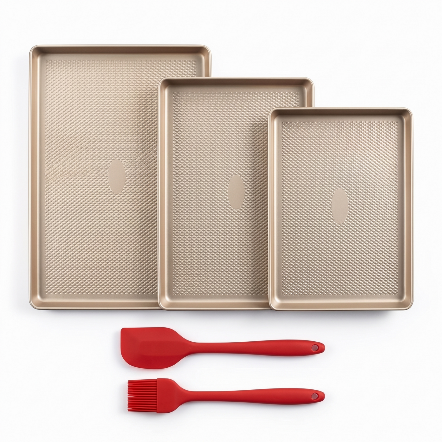 3-Piece Gold Baking Sheet Set – Nonstick Carbon Steel with Brush & Scraper, Half, Jelly Roll & Quarter Sizes
