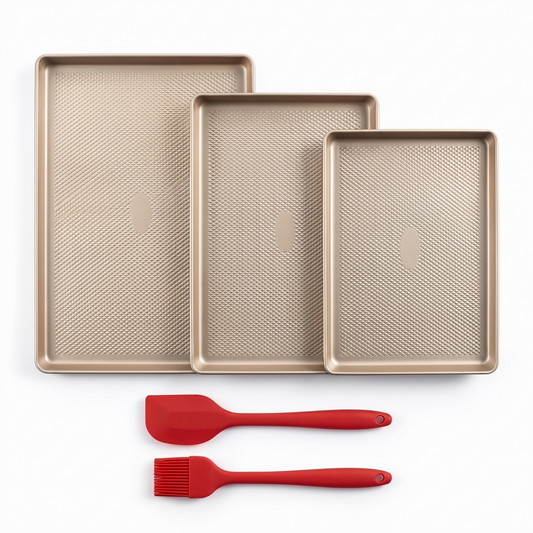 3-Piece Gold Baking Sheet Set – Nonstick Carbon Steel with Brush & Scraper, Half, Jelly Roll & Quarter Sizes