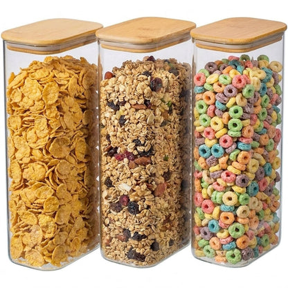 1.9 Qt Rectangle Plastic Food Storage Containers with Airtight Lids, Clear Food Jar,Plastic Jars with Bamboo Lids, Canister Set of 3, Pantry Organizers and Storage for Flour Cereal