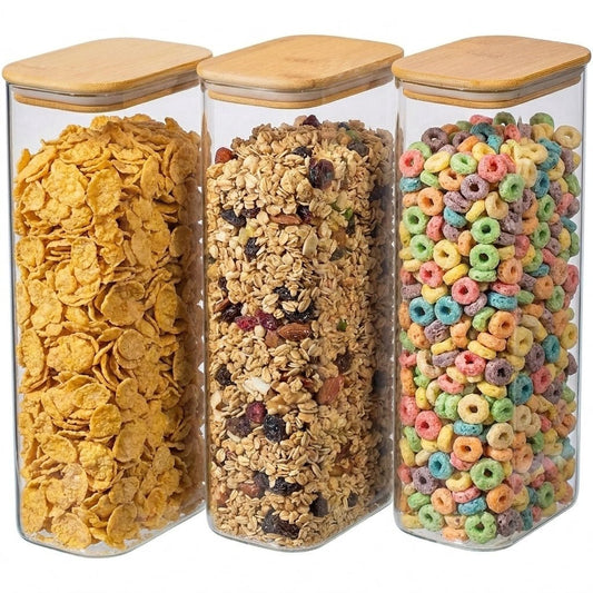 1.9 Qt Rectangle Plastic Food Storage Containers with Airtight Lids, Clear Food Jar,Plastic Jars with Bamboo Lids, Canister Set of 3, Pantry Organizers and Storage for Flour Cereal