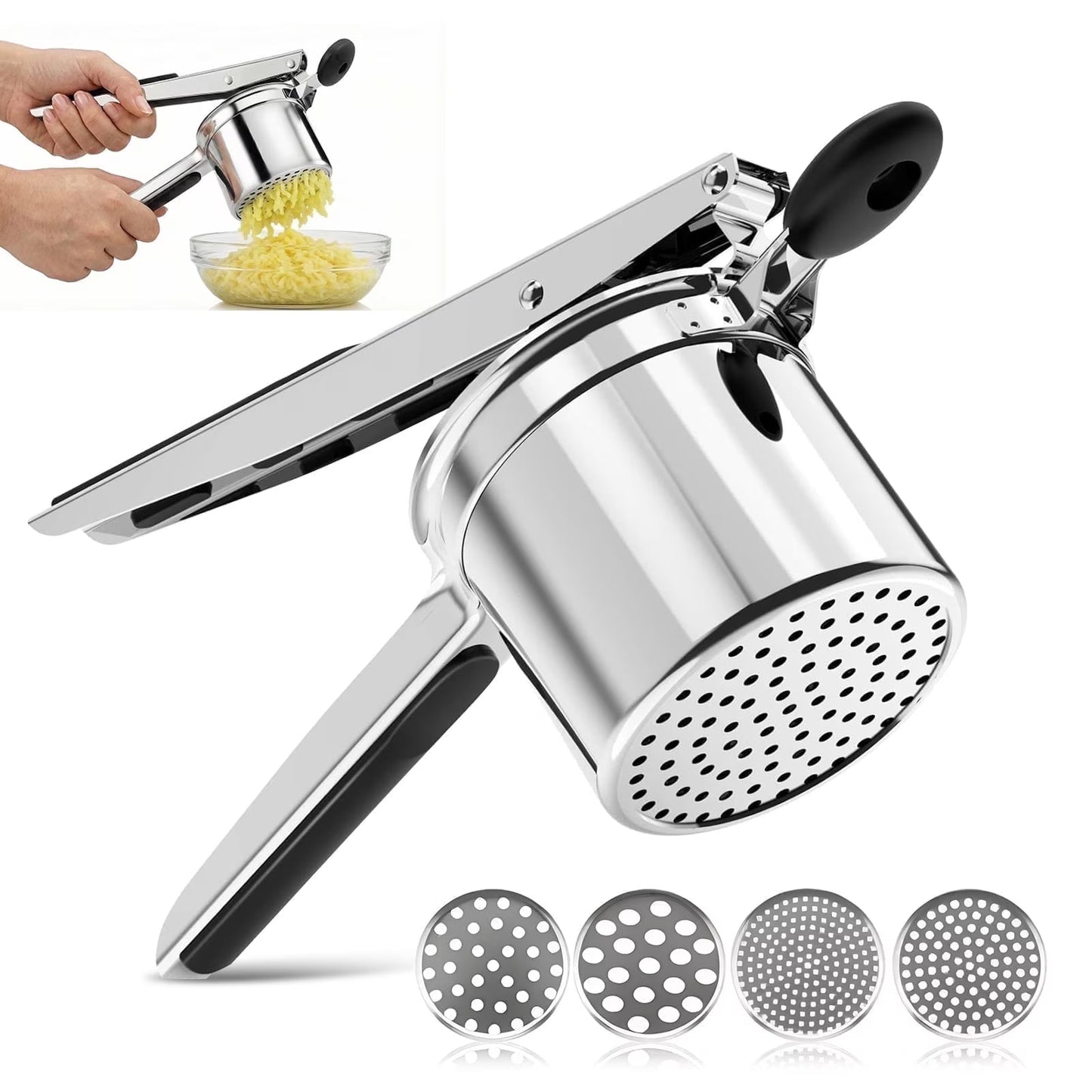 LYLHZRMDGC 15oz Stainless Steel Potato Ricer – Heavy Duty with 4 Interchangeable Discs, Ergonomic Handle